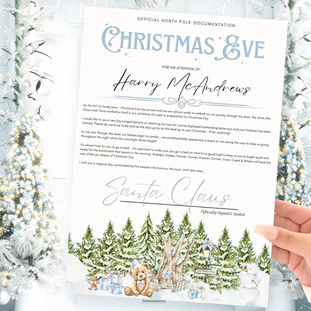 CHRISTMAS EVE LETTER - NORTH POLE VILLAGE - BLUE TEDDY